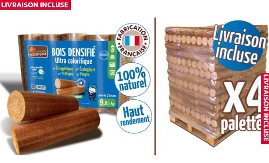 Lenha para aquecimento WOODSTOCK, 4 paletes, 416 sacos com 5 troncos cada.